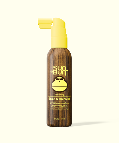 Sun Bum Scalp and Hair Mist bottle with yellow cap on a white background