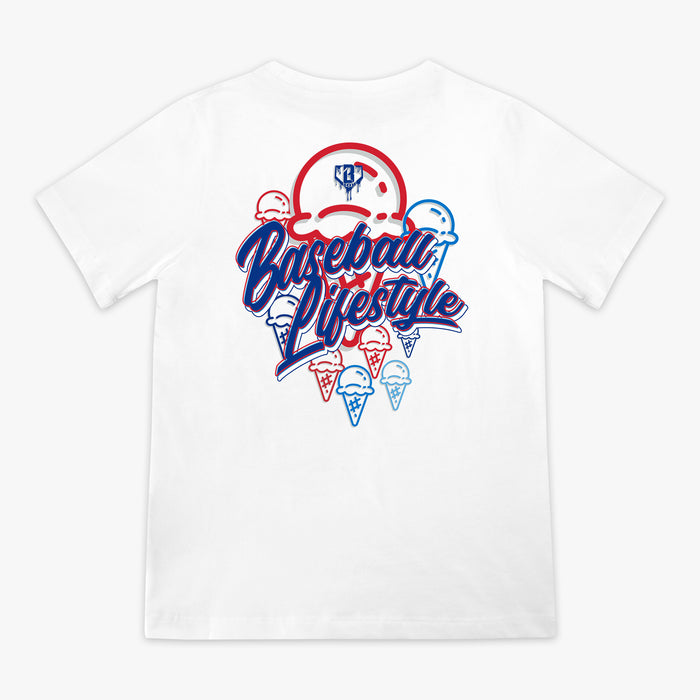 White baseball youth tee, 4th of July outfit, ice cream graphic shirt