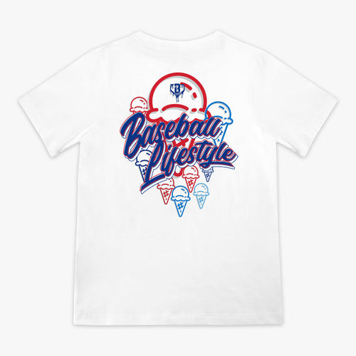White baseball youth tee, 4th of July outfit, ice cream graphic shirt