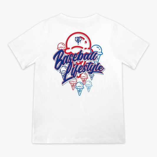 White baseball youth tee, 4th of July outfit, ice cream graphic shirt
