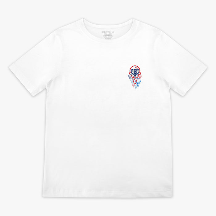 White baseball tee youth, red, white, and blue ice cream