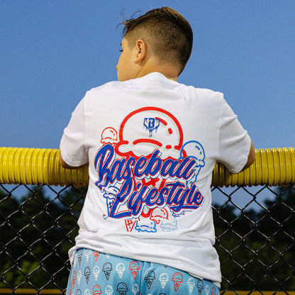 white baseball youth tee, 4th of July ice cream shirt outfit, Baseball Lifestyle