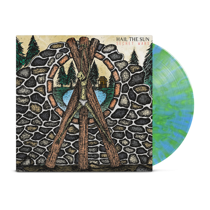 Limited to 250, this Hail The Sun vinyl features a Clear Azure Blue Base with green marbling. Partially in its sleeve, it displays artwork of a stone circle, wooden beams, a lake, trees, and a cabin. Text reads Hail The Sun - Secret Wars.