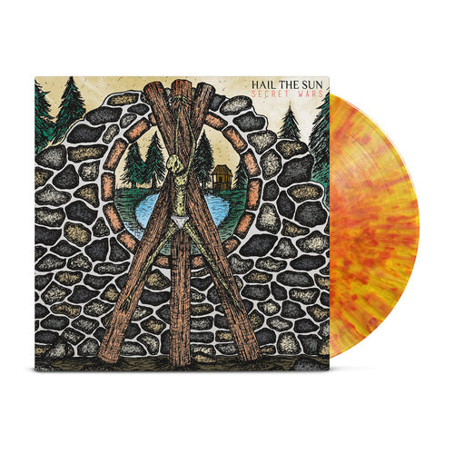 A limited edition Hail The Sun vinyl (250 copies) features a yellow/red marbled design on clear yellow, partially visible behind the Secret Wars cover showing a stone archway, crossed logs, noose, river, trees, and a cabin.
