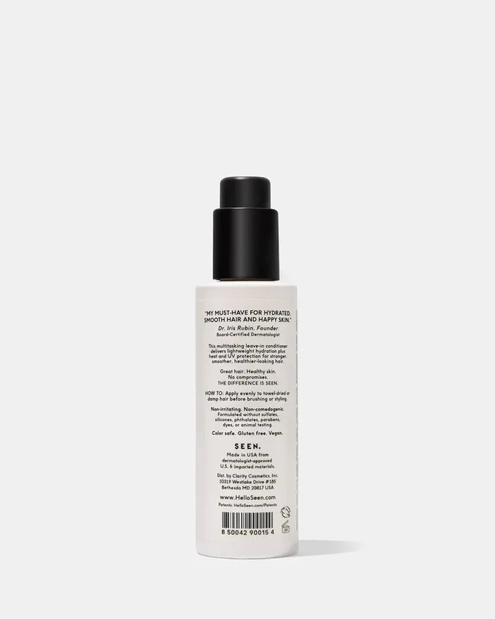 SEEN Leave-In Conditioner 5oz bottle with a sleek design, featuring the product label and a hint of scented floral elements.