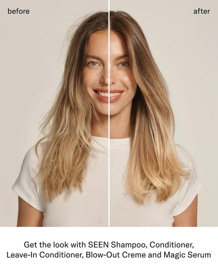 SEEN Leave-In Conditioner in 5oz bottle, creamy formula for nourishing and detangling hair, shown in a beauty product image