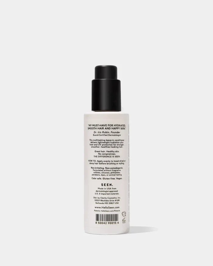 SEEN Leave-In Conditioner fragrance-free 5oz bottle, showing the back label with product details and branding.