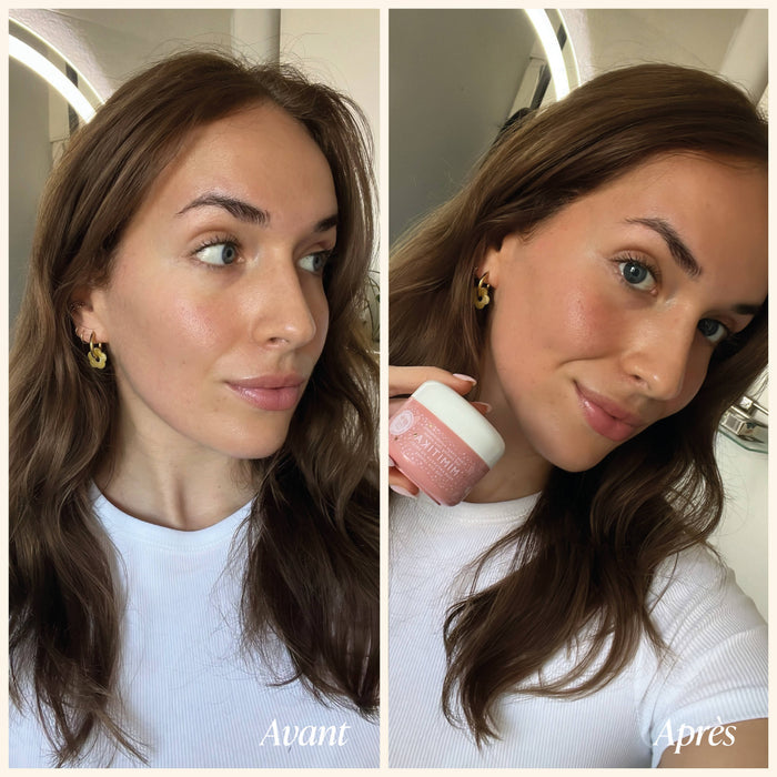 Before and after comparison of a woman with self tanning product, labeled 'Avant' and 'Apres'.