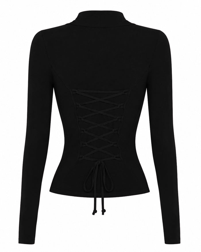 Back outline of Shapey Ruched Long Sleeve Top - Black/Lace