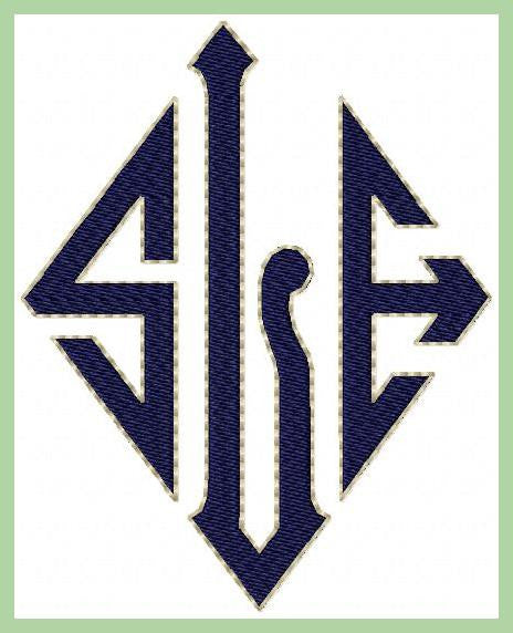 Sharp Diamond Monogram Font - Fill Stitch with red word outline stitch.