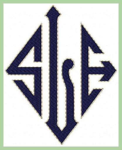 Sharp Diamond Monogram Font - Fill Stitch with red word outline stitch.