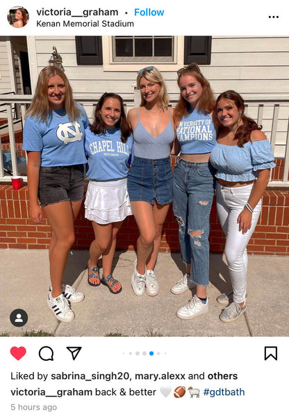 SHB Carolina Blue Chapel Hill NC Crop Top - Lifestyle View - Shrunken Head