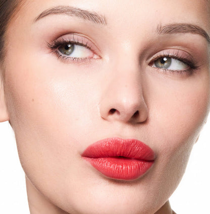 Close-up of a woman's face with red lipstick on a white background