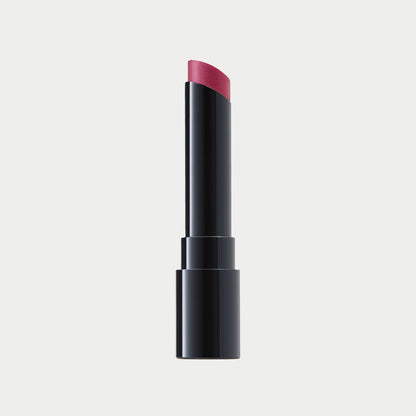 Lipstick with black casing and pink shade on a light gray background