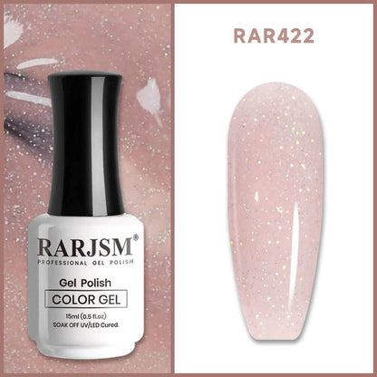 RARJSM Sheer Pink Rainbow Shimmer RAR422 gel polish bottle 15ml with iridescent glitter nude finish swatch TPO HEMA free
