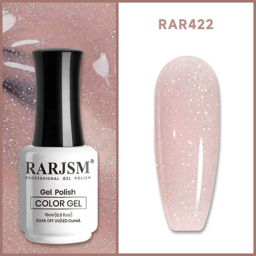 RARJSM Sheer Pink Rainbow Shimmer RAR422 gel polish bottle 15ml with iridescent glitter nude finish swatch TPO HEMA free