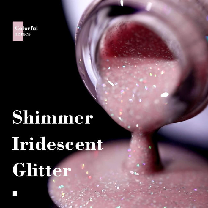 Shimmer iridescent glitter colorful series sheer pink gel polish texture ultra-fine holographic sparkles close-up