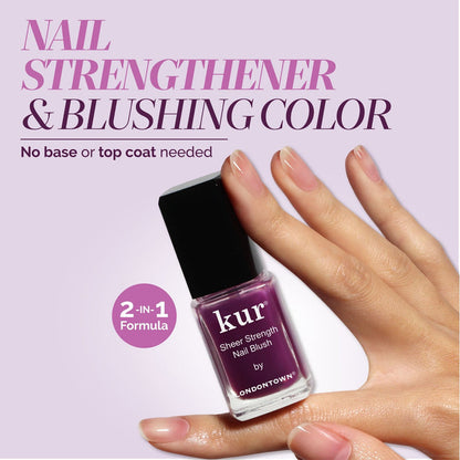 A manicured hand holds LONDONTOWN’s Sheer Strength Nail Blush - Concord; text notes this 2-in-1 nail strengthener and glow booster requires no base or top coat.