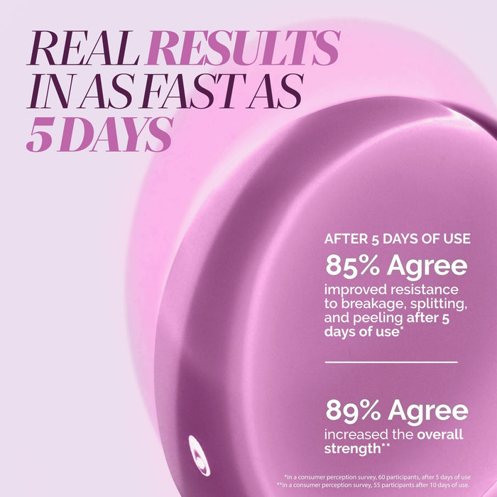 A pink Sheer Strength Nail Blush - Concord by LONDONTOWN, showcasing “Real results in as fast as 5 days” and survey stats after 5 days—a 2-in-1 nail hardener for healthy, radiant nails.