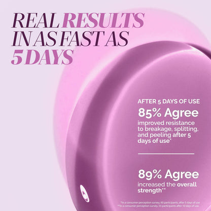 A pink Sheer Strength Nail Blush - Concord by LONDONTOWN, showcasing “Real results in as fast as 5 days” and survey stats after 5 days—a 2-in-1 nail hardener for healthy, radiant nails.