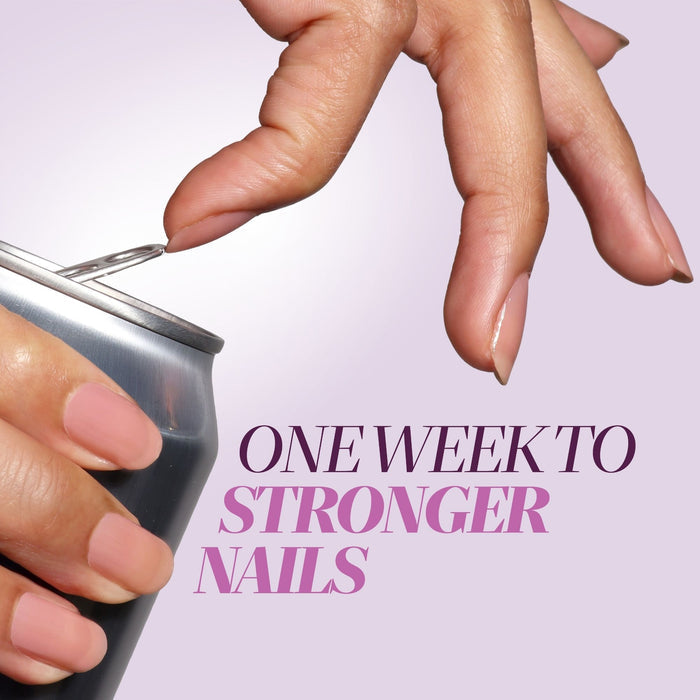 A hand with strong nails opens a soda can, thanks to LONDONTOWN Sheer Strength Nail Blush - Concord, accompanied by the text "ONE WEEK TO STRONGER NAILS.