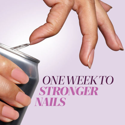 A hand with strong nails opens a soda can, thanks to LONDONTOWN Sheer Strength Nail Blush - Concord, accompanied by the text "ONE WEEK TO STRONGER NAILS.