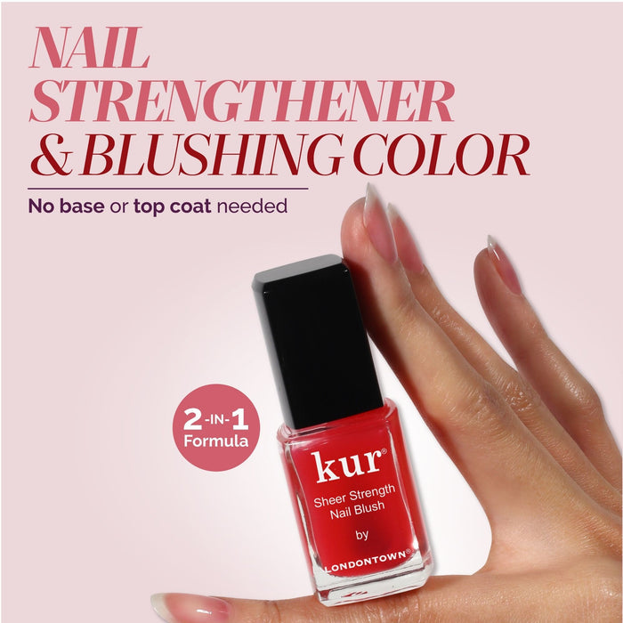 A manicured hand holds a bottle of LONDONTOWN Sheer Strength Nail Blush - Poppy, a 2-in-1 nail hardener and blush color that delivers the perfect glow booster effect.