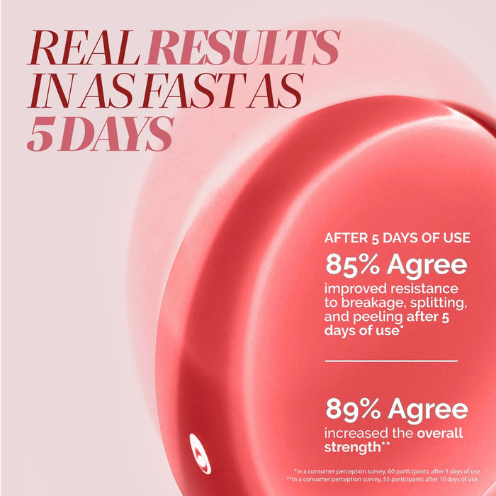 A promo image states that 85% saw less breakage and 89% noticed stronger nails in 5 days with LONDONTOWN Sheer Strength Nail Blush - Poppy, per a consumer perception survey.