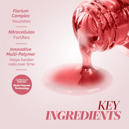 A close-up of LONDONTOWN Sheer Strength Nail Blush - Poppy being poured, highlighting Florium Complex, Nitrocellulose, advanced multi-polymers, a glow booster for brilliance, and nail hardener for extra strength.