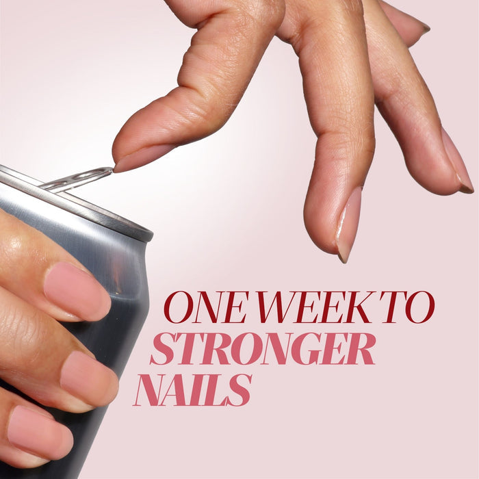 A hand with manicured nails opens a soda can after using LONDONTOWN Sheer Strength Nail Blush - Poppy; text reads "One week to stronger nails" on a light pink background.