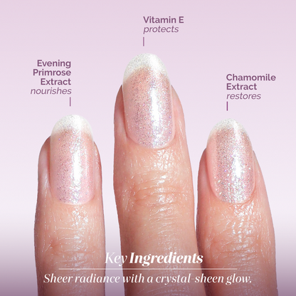 Three fingers showcase LONDONTOWN’s Shimmering Nail Highlighter – Mirror Ball, a sheer, sparkly polish. Labels mention ingredients like evening primrose extract, vitamin E, and chamomile extract—though the product details lack specifics.