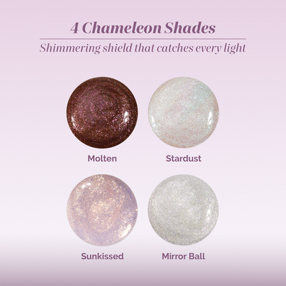 LONDONTOWN’s Shimmering Nail Highlighter in Stardust gleams atop a soft purple gradient background, bringing a celestial touch and radiant style to your manicure.