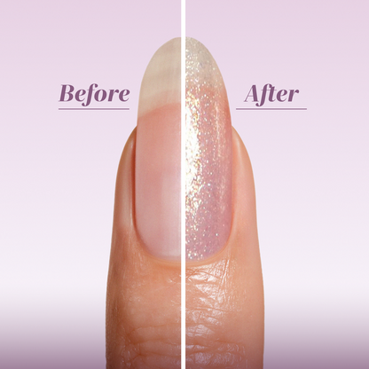 A close-up of a fingernail split vertically: the left side is a natural nail ("Before"), while the right displays a shimmery finish labeled "After," featuring LONDONTOWN's Shimmering Nail Highlighter - Sunkissed.