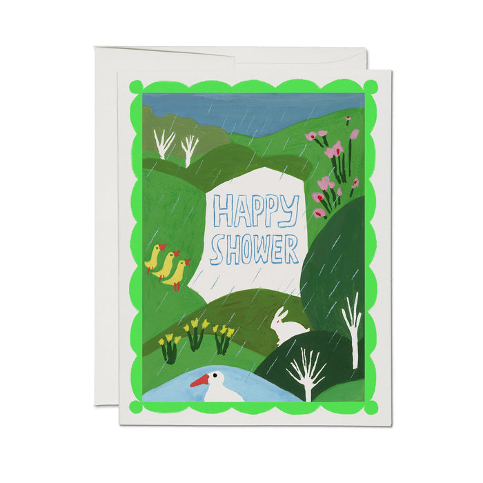 Greeting card with green illustrated scene and 'HAPPY SHOWER' text, rain over animals