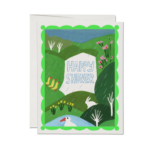 Greeting card with green illustrated scene and 'HAPPY SHOWER' text, rain over animals
