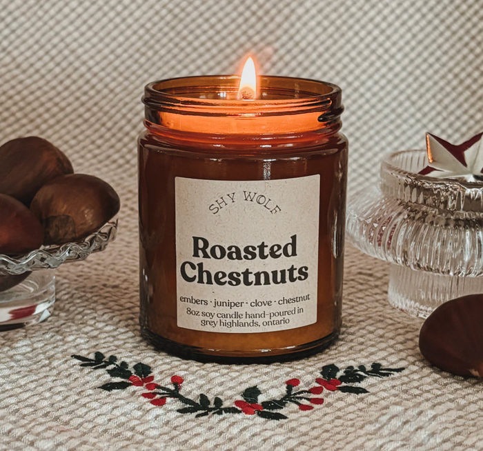 Shy Wolf Candles Roasted Chestnuts home candle with realistic chestnut and wood wick design, cozy and warm ambiance.