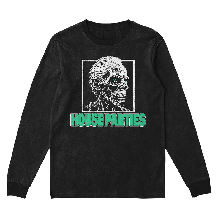 A House Parties black long-sleeve shirt showcases a white skeletal zombie head graphic in a square frame above bold mint green HOUSEPARTIES text.