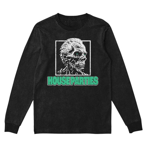 A House Parties black long-sleeve shirt showcases a white skeletal zombie head graphic in a square frame above bold mint green HOUSEPARTIES text.