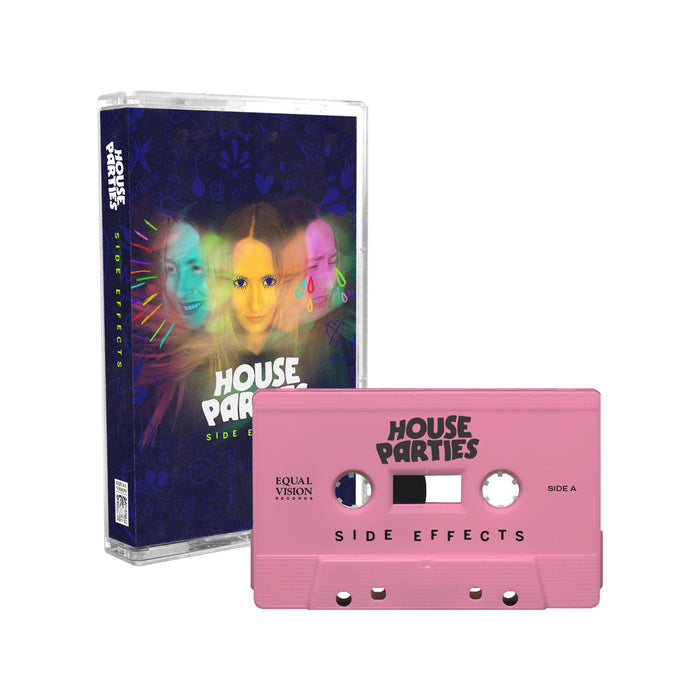 A pink cassette tape labeled "House Parties Side Effect Pink" is shown before its case, which features a colorful, blurry image of three faces and the House Parties brand name, evoking a nostalgic, vibrant vibe.