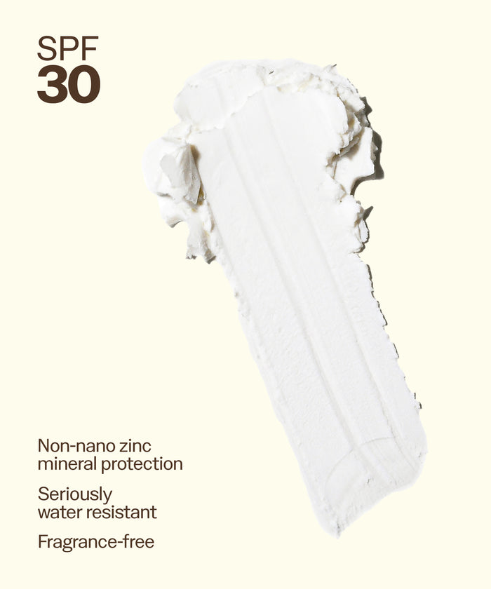 White creamy texture sample showing Sun Bum Signature SPF 30 Mineral Face Stick features and benefits.