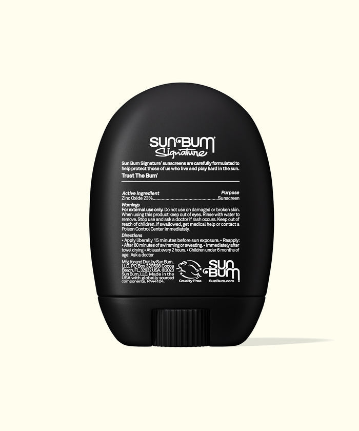 Back view of Sun Bum Signature SPF 30 Mineral Face Stick with usage instructions and ingredient details visible.