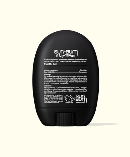 Back view of Sun Bum Signature SPF 30 Mineral Face Stick with usage instructions and ingredient details visible.
