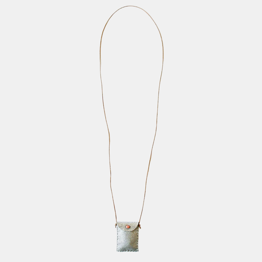 Silver-toned amulet pouch necklace with long cord and small front pouch