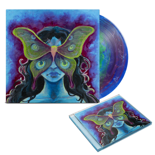 A Sir Echo blue and purple vinyl record, its cover, and a matching CD case display artwork of a woman with long dark hair and a green moth covering her eyes on a colorful, dreamy background.