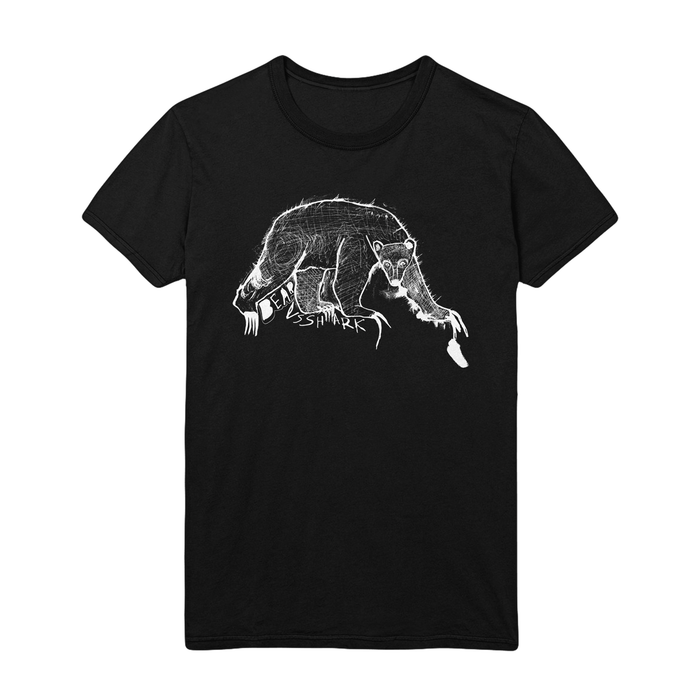 Black T-shirt by bearvsshark with a white, sketch-style opossum drawing featuring "bearvsshark" text within its body and tail—a unique design in the spirit of Sketchy Bear.