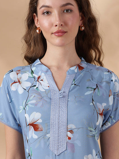 Sky Blue Rayon Designer Nighty for Women with Floral Print