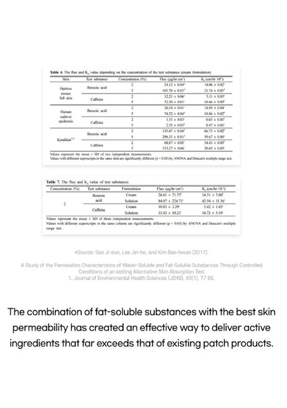 Table with data on fat-soluble substances and skin permeability, with a text block at the bottom discussing the effectiveness of this combination.