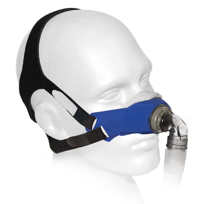 SLeepweaver CPAP mask on a mannequin head with blue cushion and black strap