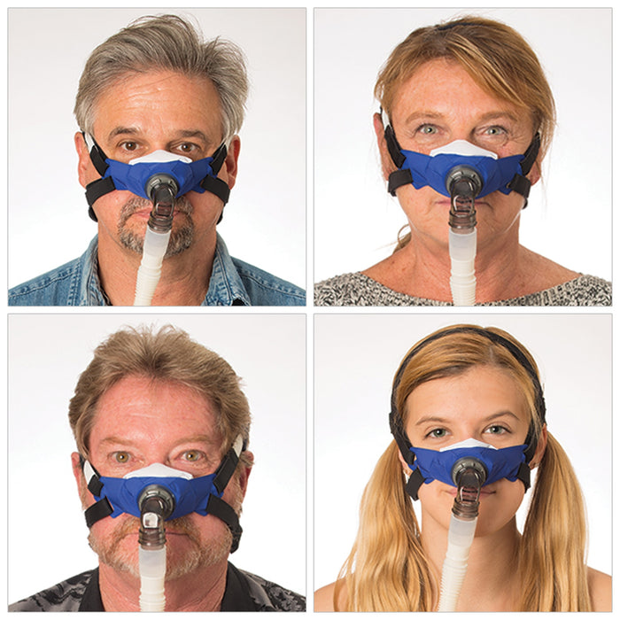 Multiple Pictures of a man and woman wearing a SLeepweaver CPAP mask