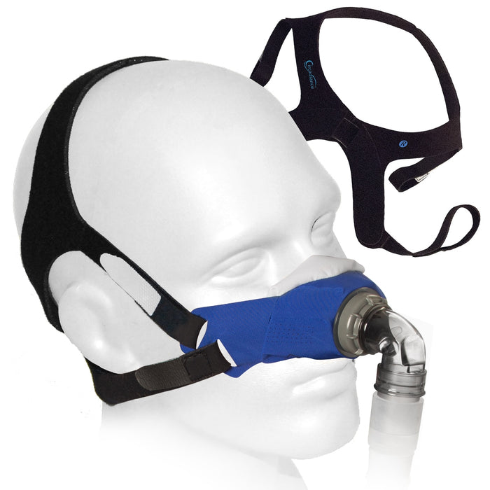 Sleepweaver 3D CPAP mask on a mannequin head with separate mask frame shown above.